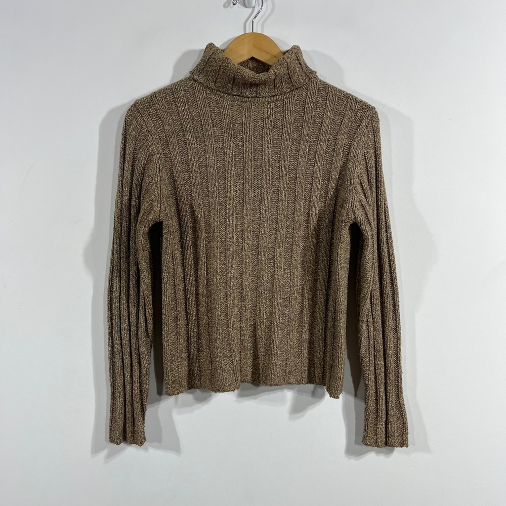 LL Bean Granola Old Money Heritage Brown Silk Lambswool Ribbed Sweater Womens XS